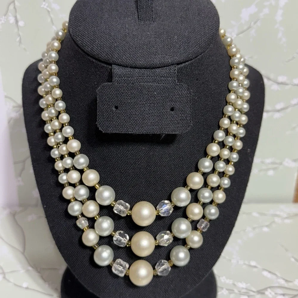 VTG Necklace Multi-Strand Signed JAPAN Gold Tone Faux Pearl Shepherd Hook Estate